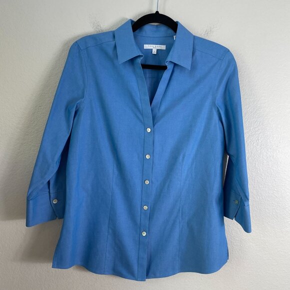 Foxcroft Womens 8 Blue Non Iron Fitted Button Up Shirt 3/4 Sleeve Blouse - Picture 7 of 10